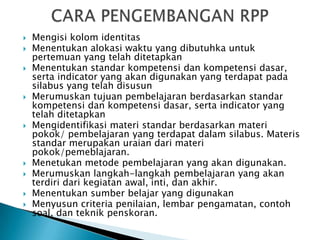 












Mengisi kolom identitas
Menentukan alokasi waktu yang dibutuhka untuk
pertemuan yang telah ditetapkan
Menentukan standar kompetensi dan kompetensi dasar,
serta indicator yang akan digunakan yang terdapat pada
silabus yang telah disusun
Merumuskan tujuan pembelajaran berdasarkan standar
kompetensi dan kompetensi dasar, serta indicator yang
telah ditetapkan
Mengidentifikasi materi standar berdasarkan materi
pokok/ pembelajaran yang terdapat dalam silabus. Materis
standar merupakan uraian dari materi
pokok/pemeblajaran.
Menetukan metode pembelajaran yang akan digunakan.
Merumuskan langkah-langkah pembelajaran yang akan
terdiri dari kegiatan awal, inti, dan akhir.
Menentukan sumber belajar yang digunakan
Menyusun criteria penilaian, lembar pengamatan, contoh
soal, dan teknik penskoran.

 