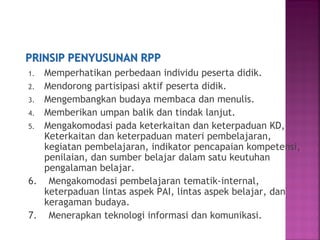 1. Memperhatikan perbedaan individu peserta didik.
2. Mendorong partisipasi aktif peserta didik.
3. Mengembangkan budaya membaca dan menulis.
4. Memberikan umpan balik dan tindak lanjut.
5. Mengakomodasi pada keterkaitan dan keterpaduan KD,
Keterkaitan dan keterpaduan materi pembelajaran,
kegiatan pembelajaran, indikator pencapaian kompetensi,
penilaian, dan sumber belajar dalam satu keutuhan
pengalaman belajar.
6. Mengakomodasi pembelajaran tematik-internal,
keterpaduan lintas aspek PAI, lintas aspek belajar, dan
keragaman budaya.
7. Menerapkan teknologi informasi dan komunikasi.
 