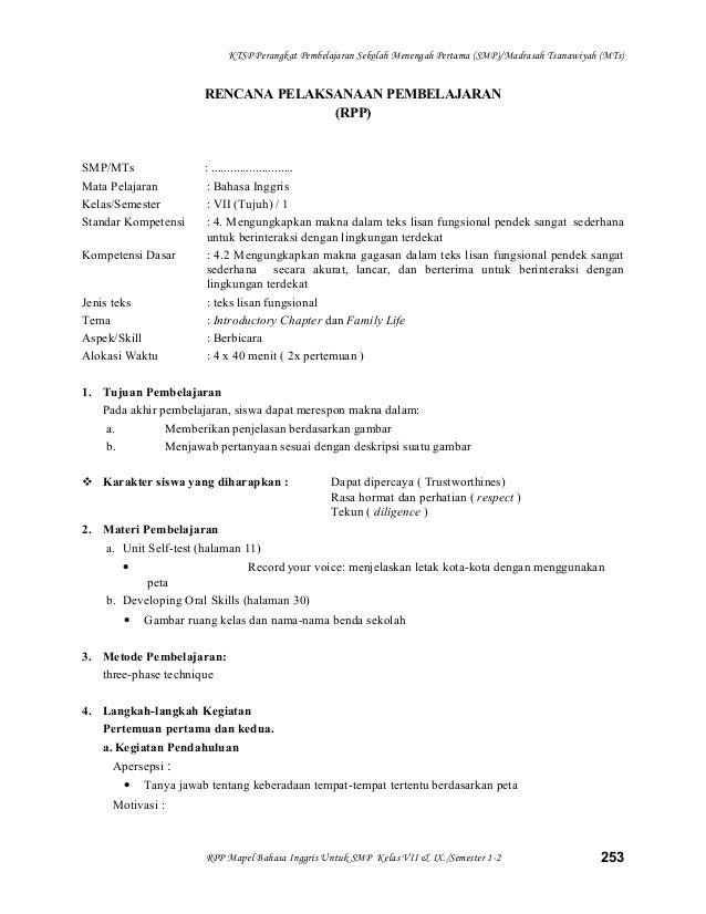 Rpp Bahasa Inggris Kelas 7 Smp M Ts