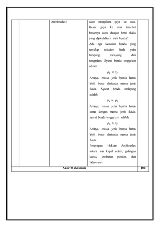 Archimedes! 
akan mengalami gaya ke atas. 
Besar gaya ke atas tersebut 
besarnya sama dengan berat fluida 
yang dipindahkan oleh benda” 
Ada tiga keadaan benda yang 
tercelup kedalam fluida yaitu 
terapung, melayang, dan 
tenggelam. Syarat benda tenggelam 
adalah 
휌푏 < 휌푓 
Artinya, massa jenis benda harus 
lebih besar daripada massa jenis 
fluida. Syarat benda melayang 
adalah 
휌푏 = 휌푓 
Artinya, massa jenis benda harus 
sama dengan massa jenis fluida. 
syarat benda tenggelam adalah 
휌푏 > 휌푓 
Artinya, massa jenis benda harus 
lebih besar daripada massa jenis 
fluida. 
Penerapan Hukum Archimedes 
antara lain kapal selam, galangan 
kapal, jembatan ponton, dan 
hidrometer. 
Skor Maksimum 100 
 