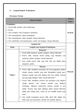 G. Langkah-langkah Pembelajaran 
Pertemuan Pertama 
Rincian Kegiatan 
Alokasi 
Waktu 
Pendahuluan 
1. Peserta didik memberi salam kepada guru. 
2. Berdoa. 
3. Guru merefleksi hasil kompetensi sebelumnya. 
4. Guru menyampaikan tujuan pembelajaran. 
5. Guru menyampaikan materi mengenai tekanan hidrostatis. 
6. Guru memberikan dan menyelesaikan contoh soal mengenai tekanan hidrostatis. 
20 menit 
Kegiatan Inti 
80 menit 
Sintak Langkah atau Kegiatan Pembelajaran 
Tahap I 
Mengamati 
1. Peserta didik menyimak gambar mengenai tekanan hidrostatis. 
2. Peserta didik mencatat hal-hal penting yang ditemukan saat 
menyimak gambar mengenai tekanan hidrostatis. 
3. Guru menilai peserta didik yang aktif, teliti, dan disiplin dalam 
mengamati gambar. 
Menanya 
4. Peserta didik menuliskan pertanyaan dari hasil pengamatan gambar 
sebagai rumusan masalah yang akan dikumpulkan kepada guru. 
Rumusan masalah yang perlu diajukan oleh siswa adalah: “Konsep 
apa yang dapat dipelajari dalam tekanan hidrostatis?” 
5. Peserta didik menuliskan jawaban dari pertanyaan yang diajukan 
sebagai hipotesis dari rumusan masalah yang dituliskan 
sebelumnya. Hipotesis berdasarkan rumusan masalah di atas 
adalah: “Konsep yang dapat dipelajari dalam tekanan hidrostatis 
adalah pada bidang datar, semua zat cair memiliki tekanan yang 
sama”. 
6. Guru menilai kemampuan peserta didik (aktif, teliti, disiplin, dan 
kritis) pada saat merumuskan masalah dan membuat hipotesis. 
 