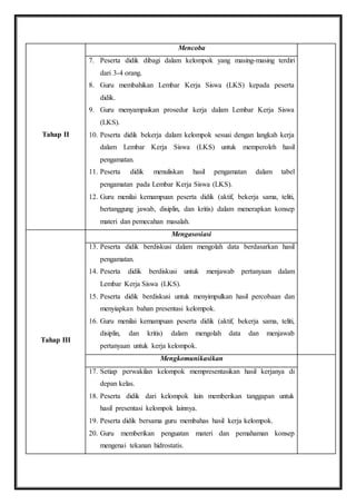Tahap II 
Mencoba 
7. Peserta didik dibagi dalam kelompok yang masing-masing terdiri 
dari 3-4 orang. 
8. Guru membahikan Lembar Kerja Siswa (LKS) kepada peserta 
didik. 
9. Guru menyampaikan prosedur kerja dalam Lembar Kerja Siswa 
(LKS). 
10. Peserta didik bekerja dalam kelompok sesuai dengan langkah kerja 
dalam Lembar Kerja Siswa (LKS) untuk memperoleh hasil 
pengamatan. 
11. Peserta didik menuliskan hasil pengamatan dalam tabel 
pengamatan pada Lembar Kerja Siswa (LKS). 
12. Guru menilai kemampuan peserta didik (aktif, bekerja sama, teliti, 
bertanggung jawab, disiplin, dan kritis) dalam menerapkan konsep 
materi dan pemecahan masalah. 
Tahap III 
Mengasosiasi 
13. Peserta didik berdiskusi dalam mengolah data berdasarkan hasil 
pengamatan. 
14. Peserta didik berdiskusi untuk menjawab pertanyaan dalam 
Lembar Kerja Siswa (LKS). 
15. Peserta didik berdiskusi untuk menyimpulkan hasil percobaan dan 
menyiapkan bahan presentasi kelompok. 
16. Guru menilai kemampuan peserta didik (aktif, bekerja sama, teliti, 
disiplin, dan kritis) dalam mengolah data dan menjawab 
pertanyaan untuk kerja kelompok. 
Mengkomunikasikan 
17. Setiap perwakilan kelompok mempresentasikan hasil kerjanya di 
depan kelas. 
18. Peserta didik dari kelompok lain memberikan tanggapan untuk 
hasil presentasi kelompok lainnya. 
19. Peserta didik bersama guru membahas hasil kerja kelompok. 
20. Guru memberikan penguatan materi dan pemahaman konsep 
mengenai tekanan hidrostatis. 
 