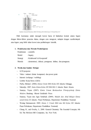 Oleh karenanya untuk mecegah korosi harus di hindarkan kontak antara logam 
dengan faktor-faktor pencetus diatas, dengan cara mengecat, melapisi dengan vaselin/minyak 
atau logam yang lebih tahan korosi atau perlindungan katodik. 
1. Pendekatan dan Metode Pembelajaran 
Pendekatan : scientific 
Model : Inquiry 
Strategi : Kolaboratif & Kooperatif 
Metode : demonstrasi, diskusi, penugasan, latihan, dan penugasan. 
2. Media dan Sumber Belajar 
- LCD projector 
- Video / animasi (kimia komputasi) dan power point 
- Internet (webpage / webblog) 
- Lembar Kerja Siswa (LKS) 
- Purba, Michael. (2006). Kimia Untuk SMA Kelas XII. Jakarta: Erlangga. 
- Sukardjo. 2007. Sains Kimia Kelas XII SMA/MA 3. Jakarta: Bumi Aksara. 
- Sunarya, Yayan. (2007). Kimia Umum Berdasarkan Prinsip-prinsip Kimia 
Modern. Bandung: Alkemi Grafisindo Press. 
- Sunarya, Yayan dan Agus Setiabudi. (2009). Mudah dan Aktif Belajar Kimia 
untuk Kelas XI. Jakarta : Pusat Perbukuan, Departemen Pendidikan Nasional. 
- Wening Sukmanawati. 2009. Kimia 3: Untuk SMA dan MA Kelas XII. Jakarta: 
Pusat Perbukuan, Departemen Pendidikan Nasional) 
- Chang, R., and Overby, J., 2008. General Chemistry: The Essential Concepts, 6th 
Ed. The McGraw-Hill Companies, Inc. New York. 
 