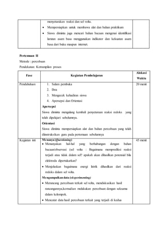 menyetarakan reaksi dan sel volta. 
 Mempersiapkan untuk membawa alat dan bahan praktikum 
 Siswa diminta juga mencari bahan bacaan mengenai identifikasi 
larutan asam basa menggunakan indikator dan kekuatan asam 
basa dari buku maupun internet. 
Pertemuan II 
Metode : percobaan 
Pendekatan: Ketrampilan proses 
Fase Kegiatan Pembelajaran 
Alokasi 
Waktu 
Pendahuluan 1. Salam pembuka 
2. Doa 
3. Mengecek kehadiran siswa 
4. Apersepsi dan Orientasi 
Apersepsi 
Siswa diminta mengulang kembali penyetaraan reaksi redoks yang 
telah dipelajari sebelumnya. 
Orientasi 
Siswa diminta mempersiapkan alat dan bahan percobaan yang telah 
diinstruksikan guru pada pertemuan sebelumnya 
20 menit 
Kegiatan inti Menanya (Questioning) 
 Menanyakan hal-hal yang berhubungan dengan bahan 
bacaan/observasi (sel volta : Bagaimana memprediksi reaksi 
terjadi atau tidak dalam sel? apakah akan dihasilkan potensial bila 
elektroda dipertukarkan? 
 Menjelaskan bagaimana energi listrik dihasilkan dari reaksi 
redoks dalam sel volta. 
Mengumpulkan data (eksperimenting) 
 Merancang percobaan terkait sel volta, mendiskusikan hasil 
rancangannya,kemudian melakukan percobaan dengan seksama 
dalam kelompok. 
 Mencatat data hasil percobaan terkait yang terjadi di kedua 
45 menit 
 