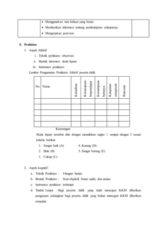  Menggunakan tata bahasa yang benar. 
 Memberikan informasi tentang pembelajaran selanjutnya. 
 Mengerjakan post-test 
F. Penilaian 
1. Aspek Afektif 
i. Teknik penilaian: observasi 
ii. Bentuk intrumen: skala lajuan 
iii. Instrumen penilaian: 
Lembar Pengamatan Penilaian Afektif peserta didik 
No Nama 
Kehadiran 
Kemampuan 
berpendapat 
Kemampuan 
bertanya 
Ketepatan 
menjawab 
Rata-rata 
Keterangan: 
Skala lajuan tersebut diisi dengan menuliskan angka 1 sampai dengan 5 sesuai 
kriteria berikut: 
1. Sangat baik (A) 4. Kurang (D) 
2. Baik (B) 5. Sangat kurang (E) 
3. Cukup (C) 
2. Aspek kognitif: 
a. Teknik Penilaian : Ulangan harian 
b. Bentuk Penilaian : Soal objektif, benar salah, dan uraian. 
c. Instrumen penilaian: terlampir 
d. Tindak Lanjut : Bagi peserta didik yang telah mencapai KKM diberikan 
pengayaan sedangkan bagi peserta didik yang belum mencapai KKM diberikan 
remedial. 
 