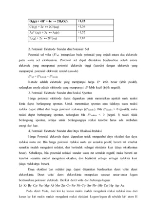 O2(g) + 4H+ + 4e ↔ 2H2O(l) +1,23 
Cl2(g) + 2e ↔ 2Cl-(aq) +1,36 
Au3+(aq) + 3e ↔ Au(s) +1,52 
F2(g) + 2e ↔ 2F-(aq) +2,87 
2. Potensial Elektrode Standar dan Potensial Sel 
Potensial sel volta (Eo 
sel )merupakan beda potensial yang terjadi antara dua elektrode 
pada suatu sel elektrokimia. Potensial sel dapat ditentukan berdasarkan selisih antara 
elektrode yang mempunyai potensial elektrode tinggi (katode) dengan elektrode yang 
mempunyai potensial elektrode rendah (anode) 
Eo 
sel = Eo 
katode – Eo 
anode 
Katode adalah elektrode yang mempunyai harga Eo lebih besar (lebih positif), 
sedangkan anode adalah elektrode yang mempunyai Eo lebih kecil (lebih negatif). 
3. Potensial Elektrode Standar dan Reaksi Spontan 
Harga potensial elektrode dapat digunakan untuk meramalkan apakah suatu reaksi 
kimia dapat berlangsung spontan. Untuk menentukan spontan atau tidaknya suatu reaksi 
redoks dapat dilihat dari harga potensial reaksinya (Eo 
redoks). Bila Eo 
redoks > 0 (positif), maka 
reaksi dapat berlangsung spontan, sedangkan bila Eo 
redoks < 0 (negati. f) reaksi tidak 
berlangsung spontan, artinya untuk berlangsungnya reaksi tersebut harus ada tambahan 
energi dari luar. 
4. Potensial Elektrode Standar dan Daya Oksidasi-Reduksi 
Harga Potensial elektrode dapat digunakan untuk mengetahui daya oksidasi dan daya 
reduksi suatu zat. Bila harga potensial reduksi suatu zat semakin positif, berarti zat tersebut 
semakin mudah mengalami reduksi, dan bertindak sebagai oksidator kuat (daya oksidasinya 
besar). Sebaliknya, bila potensial reduksi standar suatu zat semakin negatif, maka berarti zat 
tersebut semakin mudah mengalami oksidasi, dan bertindak sebagai sebagai reduktor kuat 
(daya reduksinya besar). 
Daya oksidasi dan reduksi juga dapat ditentukan berdasarkan deret volta/ deret 
elektrokimia. Deret volta/ deret elektrokimia merupakan susunan unsur-unsur logam 
berdasarkan potensial elektrode. Berikut deret volta dari beberapa logam: 
Li- K- Ba- Ca- Na- Mg- Al- Mn- Zn- Cr- Fe- Ni- Co- Sn- Pb- (H)- Cu- Hg- Ag- Au 
Pada deret Volta, dari kiri ke kanan makin mudah mengalami reaksi reduksi atau dari 
kanan ke kiri makin mudah mengalami reaksi oksidasi. Logam-logam di sebelah kiri atom H 
 
