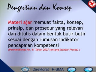 Direktorat P-SMA
Pengertian dan Konsep
Materi ajar memuat fakta, konsep,
prinsip, dan prosedur yang relevan
dan ditulis dalam bentuk butir-butir
sesuai dengan rumusan indikator
pencapaian kompetensi
(Permendiknas No. 41 Tahun 2007 tentang Standar Proses) ;
 