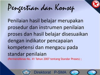 Direktorat P-SMA
Pengertian dan Konsep
Penilaian hasil belajar merupakan
prosedur dan instrumen penilaian
proses dan hasil belajar disesuaikan
dengan indikator pencapaian
kompetensi dan mengacu pada
standar penilaian
(Permendiknas No. 41 Tahun 2007 tentang Standar Proses) ;
 