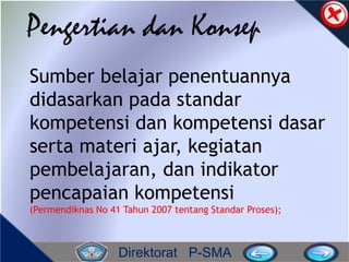 Direktorat P-SMA
Pengertian dan Konsep
Sumber belajar penentuannya
didasarkan pada standar
kompetensi dan kompetensi dasar
serta materi ajar, kegiatan
pembelajaran, dan indikator
pencapaian kompetensi
(Permendiknas No 41 Tahun 2007 tentang Standar Proses);
 