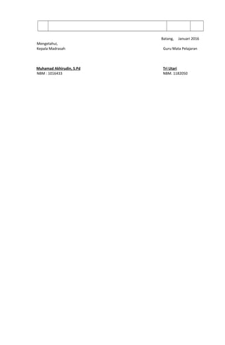 Mengetahui,
Kepala Madrasah
Muhamad Akhirudin, S.Pd
NBM : 1016433
Batang, Januari 2016
Guru Mata Pelajaran
Tri Utari
NBM. 1182050
 
