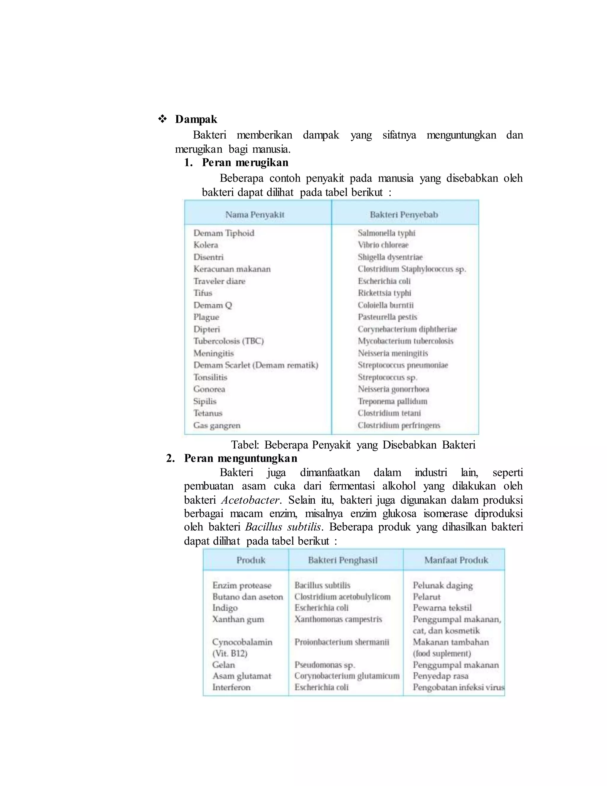  Dampak
Bakteri memberikan dampak yang sifatnya menguntungkan dan
merugikan bagi manusia.
1. Peran merugikan
Beberapa contoh penyakit pada manusia yang disebabkan oleh
bakteri dapat dilihat pada tabel berikut :
Tabel: Beberapa Penyakit yang Disebabkan Bakteri
2. Peran menguntungkan
Bakteri juga dimanfaatkan dalam industri lain, seperti
pembuatan asam cuka dari fermentasi alkohol yang dilakukan oleh
bakteri Acetobacter. Selain itu, bakteri juga digunakan dalam produksi
berbagai macam enzim, misalnya enzim glukosa isomerase diproduksi
oleh bakteri Bacillus subtilis. Beberapa produk yang dihasilkan bakteri
dapat dilihat pada tabel berikut :
 