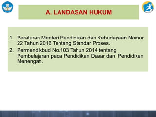 A. LANDASAN HUKUM
1. Peraturan Menteri Pendidikan dan Kebudayaan Nomor
22 Tahun 2016 Tentang Standar Proses.
2. Permendikbud No.103 Tahun 2014 tentang
Pembelajaran pada Pendidikan Dasar dan Pendidikan
Menengah.
 