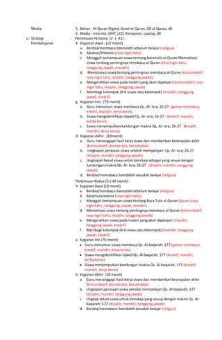 Media 5. Bahan : Al-Quran Digital, Kaset al-Quran, CD al-Quran, dll
6. Media : Internet, OHP, LCD, Komputer, Laptop, dll.
U. Strategi
Pembelajaran
: Pertemuan Pertama (2 x 45) :
4. Kegiatan Awal : (10 menit)
a. Berdoa/membaca basmalah sebelum belajar (religius)
b. Absensi/Presensi (rasa ingin tahu)
c. Menggali kemampuan siswa tentang baca tulis al-Quran Memotivasi
siswa tentang pentingnya membaca al-Quran (rasa ingin tahu,
tanggung, jawab, mandiri)
d. Memotivasi siswa tentang pentingnya membaca al-Quran (komunikatif,
rasa ingin tahu, disiplin, tanggung jawab)
e. Mengarahkan siswa pada materi yang akan dipelajari (komunikatif, rasa
ingin tahu, disiplin, tanggung jawab)
f. Membagi kelompok (4-6 siswa satu kelompok) (mandiri, tanggung
jawab, kreatif)
g. Kegiatan Inti : (70 menit)
a. Guru menuntun siswa membaca Qs. Al- Isra; 26-27 (gemar membaca,
kreatif, mandiri, kerja keras)
b. Siswa mengidentifikasi tajwid Qs. Al- Isra; 26-27 (kreatif, mandiri,
kerfja keras)
c. Siswa menyimpulkan kandungan makna Qs. Al- Isra; 26-27 (kreatif,
mandiri, kerja keras)
d. Kegiatan Akhir : (10menit)
a. Guru menanggapi hasil kerja siswa dan memberikan kesimpulan akhir
(komunikatif, demokratis, bersahabat)
b. Ungkapan perasaan siswa setelah mempelajari Qs. Al- Isra; 26-27
(disiplin, mandiri, tanggung jawab)
c. Ungkapan tekad siswa untuk bersikap sebagai yang sesuai dengan
kandungan makna Qs. Al- Isra; 26-27 (disiplin, mandiri, tanggung
jawab)
d. Berdoa/memabaca hamdalah sesudah belajar (religius)
Pertemuan Kedua (2 x 45 menit) :
 Kegiatan Awal (10 menit)
a. Berdoa/membaca basmalah sebelum belajar (religius)
b. Absensi/presensi (rasa ingin tahu)
c. Menggali kemampuan siswa tentang Baca Tulis al-Quran Quran (rasa
ingin tahu, tanggung, jawab, mandiri)
d. Memotivasi siswa tentang pentingnya membaca al-Quran (komunikatif,
rasa ingin tahu, disiplin, tanggung jawab)
e. Mengarahkan siswa pada materi yang akan dipelajari (mandiri,
tanggung jawab, kreatif)
f. Membagi kelompok (4-6 siswa satu kelompok) (mandiri, tanggung
jawab, kreatif)
a. Kegiatan Inti (70 menit)
Guru menuntun siswa membaca Qs. Al-baqarah; 177 (gemar membaca,
kreatif, mandiri, kerja keras)
Siswa mengidentifikasi tajwid Qs. Al-baqarah; 177 (kreatif, mandiri,
kerfja keras)
Siswa menyimpulkan kandungan makna Qs. Al-baqarah; 177 (kreatif,
mandiri, kerja keras)
b. Kegiatan Akhir (10 menit)
a. Guru menanggapi hasil kerja siswa dan memberikan kesimpulan akhir
(komunikatif, demokratis, bersahabat)
b. Ungkapan perasaan siswa setelah mempelajari Qs. Al-baqarah; 177
(disiplin, mandiri, tanggung jawab)
c. Ungkap tekad siswa untuk bersikap yang sesuai dengan makna Qs. Al-
baqarah; 177 (disiplin, mandiri, tanggung jawab)
d. Berdoa/memabaca hamdalah sesudah belajar (religius)
 