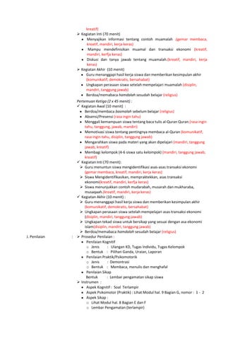 kreatif)
 Kegiatan Inti (70 menit)
Menyajikan informasi tentang contoh muamalah .(gemar membaca,
kreatif, mandiri, kerja keras)
Mampu mendefinisikan muamal dan transaksi ekonomi (kreatif,
mandiri, kerfja keras)
Diskusi dan tanya jawab tentang muamalah.(kreatif, mandiri, kerja
keras)
 Kegiatan Akhir (10 menit)
Guru menanggapi hasil kerja siswa dan memberikan kesimpulan akhir
(komunikatif, demokratis, bersahabat)
Ungkapan perasaan siswa setelah mempelajari muamalah (disiplin,
mandiri, tanggung jawab)
Berdoa/memabaca hamdalah sesudah belajar (religius)
Pertemuan Ketiga (2 x 45 menit) :
 Kegiatan Awal (10 menit) :
Berdoa/membaca basmalah sebelum belajar (religius)
Absensi/Presensi (rasa ingin tahu)
Menggali kemampuan siswa tentang baca tulis al-Quran Quran (rasa ingin
tahu, tanggung, jawab, mandiri)
Memotivasi siswa tentang pentingnya membaca al-Quran (komunikatif,
rasa ingin tahu, disiplin, tanggung jawab)
Mengarahkan siswa pada materi yang akan dipelajari (mandiri, tanggung
jawab, kreatif)
Membagi kelompok (4-6 siswa satu kelompok) (mandiri, tanggung jawab,
kreatif)
 Kegiatan Inti (70 menit):
 Guru menuntun siswa mengidentifikasi asas-asas transaksi ekonomi
(gemar membaca, kreatif, mandiri, kerja keras)
 Siswa Mengidentifikasikan, mempraktekkan, asas transaksi
ekonomi(kreatif, mandiri, kerfja keras)
 Siswa menunjukkan contoh mudarabah, musarah dan mukharaba,
musaqaah.(kreatif, mandiri, kerja keras)
 Kegiatan Akhir (10 menit) :
 Guru menanggapi hasil kerja siswa dan memberikan kesimpulan akhir
(komunikatif, demokratis, bersahabat)
 Ungkapan perasaan siswa setelah mempelajari asas transaksi ekonomi
(disiplin, mandiri, tanggung jawab)
 Ungkapan tekad siswa untuk bersikap yang sesuai dengan asa ekonomi
islam(disiplin, mandiri, tanggung jawab)
 Berdoa/memabaca hamdalah sesudah belajar (religius)
J. Penilaian :  Prosedur Penilaian :
Penilaian Kognitif
o Jenis : Ulangan KD, Tugas Individu, Tugas Kelompok
o Bentuk : Pilihan Ganda, Uraian, Laporan
Penilaian Praktik/Psikomotorik
o Jenis : Demontrasi
o Bentuk : Membaca, menulis dan menghafal
Penilaian Sikap
Bentuk : Lembar pengamatan sikap siswa
 Instrumen :
Aspek Kognitif : Soal Terlampir
Aspek Psikomotor (Praktik) : Lihat Modul hal. 9 Bagian G, nomor : 1 - 2
Aspek Sikap :
o Lihat Modul hal. 8 Bagian E dan F
o Lembar Pengamatan (terlampir)
 
