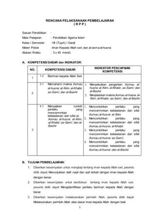 1
RENCANA PELAKSANAAN PEMBELAJARAN
( R P P )
Satuan Pendidikan :
Mata Pelajaran : Pendidikan Agama Islam
Kelas / Semester : VII (Tujuh) / Ganjil
Materi Pokok : Iman Kepada Allah swt. dan al-asma al-husna
Alokasi Waktu : 3 x 40 menit)
A. KOMPETENSI DASAR dan INDIKATOR:
NO. KOMPETENSI DASAR
INDIKATOR PENCAPAIAN
KOMPETENSI
1
1.2 Beriman kepada Allah Swt
2
3.1 Memahami makna Asmau
al-husna: al-’Alim,al-Khabir,
as-Sami’, dan al-Bashir
1. Menyebutkan pengertian Asmau al-
husna: al-’Alim, al-Khabir, as-Sami’, dan
al-Bashir
2. Menjelaskan makna Asmau al-husna: al-
’Alim, al-Khabir, as-Sami’, dan al-Bashir
3
4.1 Menyajikan contoh
perilaku yang
mencerminkan
keteladanan dari sifat al-
Asmau al-husna: al-’Alim,
al-Khabir, as-Sami’, dan al-
Bashir
1. Mencontohkan perilaku yang
mencerminkan keteladanan dari sifat
Asmau al-husna: al-’Alim
2. Mencontohkan perilaku yang
mencerminkan keteladanan dari sifat
Asmau al-husna: al-Khabir
3. Mencontohkan perilaku yang
mencerminkan keteladanan dari sifat
Asmau al-husna: as-Sami’,
4. Mencontohkan perilaku yang
mencerminkan keteladanan dari sifat
Asmau al-husna: dan al-Bashir
B. TUJUAN PEMBELAJARAN:
1. Diberikan kesempatan untuk mengkaji tentang iman kepada Allah swt, peserta
didik dapat Menunjukkan dalil naqli dan aqli terkait dengan iman kepada Allah
dengan benar.
2. Diberikan kesempatan untuk berdiskusi tentang iman kepada Allah swt,
peserta didik dapat Mengidentifikasi perilaku beriman kepada Allah dengan
benar
3. Diberikan kesempatan melaksanakan perintah Allah, peserta didik dapat
Melaksanakan perintah Allah atas dasar iman kepada Allah dengan baik
 