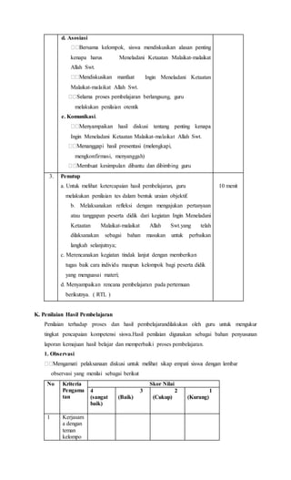 d. Asosiasi
kenapa harus Meneladani Ketaatan Malaikat-malaikat
Allah Swt.
Ingin Meneladani Ketaatan
Malaikat-malaikat Allah Swt.
melakukan penilaian otentik
e. Komunikasi.
Ingin Meneladani Ketaatan Malaikat-malaikat Allah Swt.
mengkonfirmasi, menyanggah)
3. Penutup
a. Untuk melihat ketercapaian hasil pembelajaran, guru
melakukan penilaian tes dalam bentuk uraian objektif.
b. Melaksanakan refleksi dengan mengajukan pertanyaan
atau tanggapan peserta didik dari kegiatan Ingin Meneladani
Ketaatan Malaikat-malaikat Allah Swt.yang telah
dilaksanakan sebagai bahan masukan untuk perbaikan
langkah selanjutnya;
c. Merencanakan kegiatan tindak lanjut dengan memberikan
tugas baik cara individu maupun kelompok bagi peserta didik
yang menguasai materi;
d. Menyampaikan rencana pembelajaran pada pertemuan
berikutnya. ( RTL )
10 menit
K. Penilaian Hasil Pembelajaran
Penilaian terhadap proses dan hasil pembelajarandilakukan oleh guru untuk mengukur
tingkat pencapaian kompetensi siswa.Hasil penilaian digunakan sebagai bahan penyusunan
laporan kemajuan hasil belajar dan memperbaiki proses pembelajaran.
1. Observasi
observasi yang menilai sebagai berikut
No Kriteria
Pengama
tan
Skor Nilai
4
(sangat
baik)
3
(Baik)
2
(Cukup)
1
(Kurang)
1 Kerjasam
a dengan
teman
kelompo
 