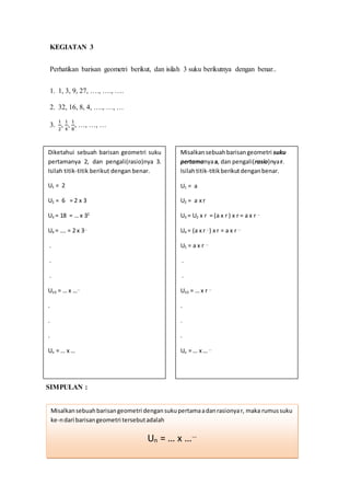Diketahui sebuah barisan geometri suku 
pertamanya 2, dan pengali(rasio)nya 3. 
Isilah titik-titik berikut dengan benar. 
U1 = 2 
U2 = 6 = 2 x 3 
U3 = 18 = … x 32 
U4 = …. = 2 x 3... 
. 
. 
. 
U10 = … x …… 
Un = … x … 
Misalkan sebuah barisan geometri dengan suku pertama a dan rasionya r, maka rumus suku 
ke-n dari barisan geometri tersebut adalah 
Un = … x …… 
KEGIATAN 3 
Perhatikan barisan geometri berikut, dan isilah 3 suku berikutnya dengan benar.. 
1. 1, 3, 9, 27, …., …., …. 
2. 32, 16, 8, 4, …., …, … 
3. 
1 
2 
, 
1 
4 
, 
1 
8 
, …, …, … 
. 
. 
. 
SIMPULAN : 
Misalkan sebuah barisan geometri suku 
pertamanya a, dan pengali(rasio)nya r. 
Isilah titik-titik berikut dengan benar. 
U1 = a 
U2 = a x r 
U3 = U2 x r = (a x r ) x r = a x r … 
U4 = (a x r …) x r = a x r … 
U5 = a x r … 
. 
. 
U10 = … x r … 
. 
. 
. 
Un = … x … … 
