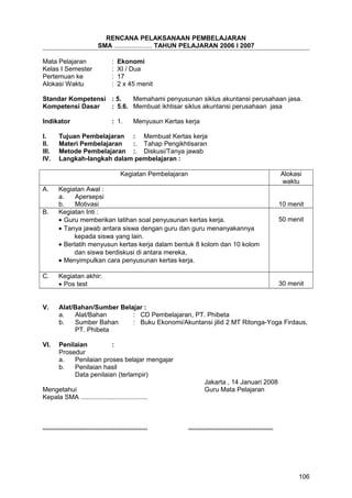 RENCANA PELAKSANAAN PEMBELAJARAN
SMA ..................... TAHUN PELAJARAN 2006 I 2007
Mata Pelajaran : Ekonomi
Kelas I Semester : XI / Dua
Pertemuan ke : 17
Alokasi Waktu : 2 x 45 menit
Standar Kompetensi : 5. Memahami penyusunan siklus akuntansi perusahaan jasa.
Kompetensi Dasar : 5.6. Membuat ikhtisar siklus akuntansi perusahaan jasa
Indikator : 1. Menyusun Kertas kerja
I. Tujuan Pembelajaran : Membuat Kertas kerja
II. Materi Pembelajaran :. Tahap Pengikhtisaran
III. Metode Pembelajaran :. Diskusi/Tanya jawab
IV. Langkah-langkah dalam pembelajaran :
Kegiatan Pembelajaran Alokasi
waktu
A. Kegiatan Awal :
a. Apersepsi
b. Motivasi 10 menit
B. Kegiatan Inti :
• Guru memberikan latihan soal penyusunan kertas kerja.
• Tanya jawab antara siswa dengan guru dan guru menanyakannya
kepada siswa yang lain.
• Berlatih menyusun kertas kerja dalam bentuk 8 kolom dan 10 kolom
dan siswa berdiskusi di antara mereka,
• Menyimpulkan cara penyusunan kertas kerja.
50 menit
C. Kegiatan akhir:
• Pos test 30 menit
V. Alat/Bahan/Sumber Belajar :
a. Alat/Bahan : CD Pembelajaran, PT. Phibeta
b. Sumber Bahan : Buku Ekonomi/Akuntansi jilid 2 MT Ritonga-Yoga Firdaus,
PT. Phibeta
VI. Penilaian :
Prosedur
a. Penilaian proses belajar mengajar
b. Penilaian hasil
Data penilaian (terlampir)
Jakarta , 14 Januari 2008
Mengetahui Guru Mata Pelajaran
Kepala SMA .....................................
.......................................................... ...............................................
106
 