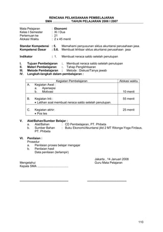 RENCANA PELAKSANAAN PEMBELAJARAN
SMA ..................... TAHUN PELAJARAN 2006 I 2007
Mata Pelajaran : Ekonomi
Kelas I Semester : XI / Dua
Pertemuan ke : 21
Alokasi Waktu : 2 x 45 menit
Standar Kompetensi : 5. Memahami penyusunan siklus akuntansi perusahaan jasa.
Kompetensi Dasar : 5.6. Membuat ikhtisar siklus akuntansi perusahaan jasa
Indikator : 1. Membuat neraca saldo setelah penutupan
I. Tujuan Pembelajaran :. Membuat neraca saldo setelah penutupan
II. Materi Pembelajaran :. Tahap Pengikhtisaran
III. Metode Pembelajaran : Metode : Diskusi/Tanya jawab
IV. Langkah-langkah dalam pembelajaran :
Kegiatan Pembelajaran Alokasi waktu
A. Kegiatan Awal :
a. Apersepsi
b. Motivasi 10 menit
B. Kegiatan Inti :
• Latihan soal membuat neraca saldo setelah penutupan.
55 menit
C. Kegiatan akhir:
• Pos tes
25 menit
V. Alat/Bahan/Sumber Belajar :
a. Alat/Bahan : CD Pembelajaran, PT. Phibeta
b. Sumber Bahan : Buku Ekonomi/Akuntansi jilid 2 MT Ritonga-Yoga Firdaus,
PT. Phibeta
VI. Penilaian :
Prosedur
a. Penilaian proses belajar mengajar
b. Penilaian hasil
Data penilaian (terlampir)
Jakarta , 14 Januari 2008
Mengetahui Guru Mata Pelajaran
Kepala SMA .....................................
.......................................................... ...............................................
110
 
