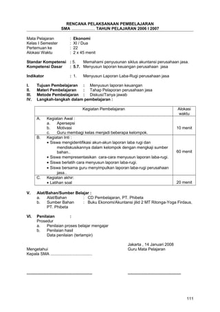 RENCANA PELAKSANAAN PEMBELAJARAN
SMA ..................... TAHUN PELAJARAN 2006 I 2007
Mata Pelajaran : Ekonomi
Kelas I Semester : XI / Dua
Pertemuan ke : 22
Alokasi Waktu : 2 x 45 menit
Standar Kompetensi : 5. Memahami penyusunan siklus akuntansi perusahaan jasa.
Kompetensi Dasar : 5.7. Menyusun laporan keuangan perusahaan jasa
Indikator : 1. Menyusun Laporan Laba-Rugi perusahaan jasa
I. Tujuan Pembelajaran : Menyusun laporan keuangan
II. Materi Pembelajaran : Tahap Pelaporan perusahaan jasa
III. Metode Pembelajaran : Diskusi/Tanya jawab
IV. Langkah-langkah dalam pembelajaran :
Kegiatan Pembelajaran Alokasi
waktu
A. Kegiatan Awal :
a. Apersepsi
b. Motivasi
c. Guru membagi kelas menjadi beberapa kelompok.
10 menit
B. Kegiatan Inti :
• Siswa mengidentifikasi akun-akun laporan laba rugi dan
mendiskusikannya dalam kelompok dengan mengkaji sumber
bahan..
• Siswa mempresentasikan cara-cara menyusun laporan laba-rugi.
• Siswa berlatih cara menyusun laporan laba-rugi.
• Siswa bersama guru menyimpulkan laporan laba-rugi perusahaan
jasa..
60 menit
C. Kegiatan akhir:
• Latihan soal 20 menit
V. Alat/Bahan/Sumber Belajar :
a. Alat/Bahan : CD Pembelajaran, PT. Phibeta
b. Sumber Bahan : Buku Ekonomi/Akuntansi jilid 2 MT Ritonga-Yoga Firdaus,
PT. Phibeta
VI. Penilaian :
Prosedur
a. Penilaian proses belajar mengajar
b. Penilaian hasil
Data penilaian (terlampir)
Jakarta , 14 Januari 2008
Mengetahui Guru Mata Pelajaran
Kepala SMA .....................................
.......................................................... ...............................................
111
 