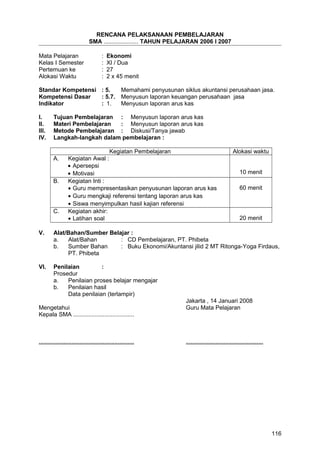 RENCANA PELAKSANAAN PEMBELAJARAN
SMA ..................... TAHUN PELAJARAN 2006 I 2007
Mata Pelajaran : Ekonomi
Kelas I Semester : XI / Dua
Pertemuan ke : 27
Alokasi Waktu : 2 x 45 menit
Standar Kompetensi : 5. Memahami penyusunan siklus akuntansi perusahaan jasa.
Kompetensi Dasar : 5.7. Menyusun laporan keuangan perusahaan jasa
Indikator : 1. Menyusun laporan arus kas
I. Tujuan Pembelajaran : Menyusun laporan arus kas
II. Materi Pembelajaran : Menyusun laporan arus kas
III. Metode Pembelajaran : Diskusi/Tanya jawab
IV. Langkah-langkah dalam pembelajaran :
Kegiatan Pembelajaran Alokasi waktu
A. Kegiatan Awal :
• Apersepsi
• Motivasi 10 menit
B. Kegiatan Inti :
• Guru mempresentasikan penyusunan laporan arus kas
• Guru mengkaji referensi tentang laporan arus kas
• Siswa menyimpulkan hasil kajian referensi
60 menit
C. Kegiatan akhir:
• Latihan soal 20 menit
V. Alat/Bahan/Sumber Belajar :
a. Alat/Bahan : CD Pembelajaran, PT. Phibeta
b. Sumber Bahan : Buku Ekonomi/Akuntansi jilid 2 MT Ritonga-Yoga Firdaus,
PT. Phibeta
VI. Penilaian :
Prosedur
a. Penilaian proses belajar mengajar
b. Penilaian hasil
Data penilaian (terlampir)
Jakarta , 14 Januari 2008
Mengetahui Guru Mata Pelajaran
Kepala SMA .....................................
.......................................................... ...............................................
116
 