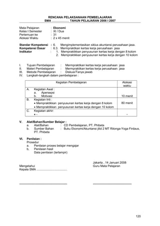 RENCANA PELAKSANAAN PEMBELAJARAN
SMA ..................... TAHUN PELAJARAN 2006 I 2007
Mata Pelajaran : Ekonomi
Kelas I Semester : XI / Dua
Pertemuan ke : 31
Alokasi Waktu : 2 x 45 menit
Standar Kompetensi : 6. Mengimplementasikan siklus akuntansi perusahaan jasa.
Kompetensi Dasar : 6.3. Mermpraktikan kertas kerja perusahaan jasa
Indikator : 1. Mempraktikkan penyusunan kertas kerja dengan 8 kolom
2. Mempraktikkan penyusunan kertas kerja dengan 10 kolom
I. Tujuan Pembelajaran : Mermpraktikan kertas kerja perusahaan jasa
II. Materi Pembelajaran : Mermpraktikan kertas kerja perusahaan jasa
III. Metode Pembelajaran : Diskusi/Tanya jawab
IV. Langkah-langkah dalam pembelajaran :
Kegiatan Pembelajaran Alokasi
waktu
A. Kegiatan Awal :
a. Apersepsi
b. Motivasi 10 menit
B. Kegiatan Inti :
• Mempraktikkan penyusunan kertas kerja dengan 8 kolom
• Mempraktikkan penyusunan kertas kerja dengan 10 kolom
80 menit
C. Kegiatan akhir:
• - -
V. Alat/Bahan/Sumber Belajar :
a. Alat/Bahan : CD Pembelajaran, PT. Phibeta
b. Sumber Bahan : Buku Ekonomi/Akuntansi jilid 2 MT Ritonga-Yoga Firdaus,
PT. Phibeta
VI. Penilaian :
Prosedur
a. Penilaian proses belajar mengajar
b, Penilaian hasil
Data penilaian (terlampir)
Jakarta , 14 Januari 2008
Mengetahui Guru Mata Pelajaran
Kepala SMA .....................................
.......................................................... ...............................................
120
 
