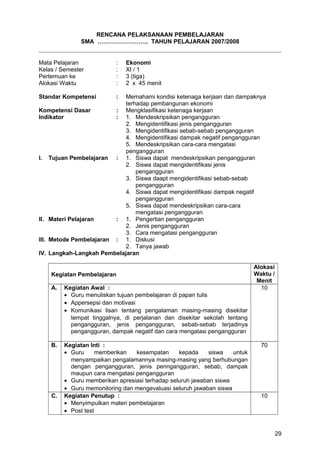 RENCANA PELAKSANAAN PEMBELAJARAN
SMA …………………….. TAHUN PELAJARAN 2007/2008
Mata Pelajaran : Ekonomi
Kelas / Semester : XI / 1
Pertemuan ke : 3 (tiga)
Alokasi Waktu : 2 x 45 menit
Standar Kompetensi : Memahami kondisi ketenaga kerjaan dan dampaknya
terhadap pembangunan ekonomi
Kompetensi Dasar : Mengklasifikasi ketenaga kerjaan
Indikator : 1. Mendeskripsikan pengangguran
2. Mengidentifikasi jenis pengangguran
3. Mengidentifikasi sebab-sebab pengangguran
4. Mengidentifikasi dampak negatif pengangguran
5. Mendeskripsikan cara-cara mengatasi
pengangguran
I. Tujuan Pembelajaran : 1. Siswa dapat mendeskripsikan pengangguran
2. Siswa dapat mengidentifikasi jenis
pengangguran
3. Siswa daapt mengidentifikasi sebab-sebab
pengangguran
4. Siswa dapat mengidentifikasi dampak negatif
pengangguran
5. Siswa dapat mendeskripsikan cara-cara
mengatasi pengangguran
II. Materi Pelajaran : 1. Pengertian pengangguran
2. Jenis pengangguran
3. Cara mengatasi pengangguran
III. Metode Pembelajaran : 1. Diskusi
2. Tanya jawab
IV. Langkah-Langkah Pembelajaran
Kegiatan Pembelajaran
Alokasi
Waktu /
Menit
A. Kegiatan Awal :
• Guru menuliskan tujuan pembelajaran di papan tulis
• Appersepsi dan motivasi
• Komunikasi lisan tentang pengalaman masing-masing disekitar
tempat tinggalnya, di perjalanan dan disekitar sekolah tentang
pengangguran, jenis pengangguran, sebab-sebab terjadinya
pengangguran, dampak negatif dan cara mengatasi pengangguran
10
B. Kegiatan Inti :
• Guru memberikan kesempatan kepada siswa untuk
menyampaikan pengalamannya masing-masing yang berhubungan
dengan pengangguran, jenis penngangguran, sebab, dampak
maupun cara mengatasi pengangguran
• Guru memberikan apresiasi terhadap seluruh jawaban siswa
• Guru memonitoring dan mengevaluasi seluruh jawaban siswa
70
C. Kegiatan Penutup :
• Menyimpulkan materi pembelajaran
• Post test
10
29
 