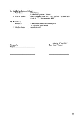 V. Alat/Bahan/Sumber Belajar :
a. Alat / Bahan : Peta Konsep
CD Pembelajaran PT. Phibeta
b. Sumber Belajar : Buku Ekonomi SMA Jilid 2 – MT. Ritonga, Yoga Firdaus ,
Penerbit PT. Phibeta Jakarta 2007
VI. Penilaian :
1. Prosedur : a. Penilaian proses belajar mengajar
b. Penilaian hasil belajar
2. Alat Penilaian : (soal terlampir)
Jakarta, 17 Juli 2007
Mengetahui Guru Mata Pelajaran
Kepala ..............................................
.......................................................... ...............................................
30
 