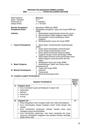 RENCANA PELAKSANAAN PEMBELAJARAN
SMA …………………….. TAHUN PELAJARAN 2007/2008
Mata Pelajaran : Ekonomi
Kelas / Semester : XI / 1
Pertemuan ke : 11 (sebelas)
Alokasi Waktu : 2 x 45 menit
Standar Kompetensi : Memahami APBN dan APBD
Kompetensi Dasar : Menjelaskan pengertian, tujuan dan fungsi APBN dan
APBD
Indikator : 1. Membedakan keseimbangan primer dan umum
2. Menominasikan defisit anggaran dalam APBN
3. Menyebutkan sumber pembiayaan defisit
anggaran
4. Mendeskripsikan tujuan dan fungsi APBN
I. Tujuan Pembelajaran : 1. Siswa dapat mendeskripsikan keseimbangan
APBN
2. Siswa dapat membedakan keseimbangan
primer dengan keseimbangan umum
3. Siswa dapat menentukan besarnya defisit
anggaran dengan contoh perhitungan APBN
4. Siswa dapat membuat contoh perhitungan biaya
defisit anggaran yang bersumber dari luar
negeri
5. Menjelaskan tujuan dan fungsi APBN
II. Materi Pelajaran : 1. Keseimbangan, defisit, dan surplus serta
pembayarannya
2. Tujuan dan fungsi APBN
III. Metode Pembelajaran : 1. Ceramah
2. Tanya jawab
3. Membuat kesimpulan akhir
IV. Langkah-Langkah Pembelajaran
Kegiatan Pembelajaran
Alokasi
Waktu /
Menit
A. Kegiatan Awal :
• Guru menuliskan tujuan pembelajaran di papan tulis
• Appersepsi
• Motivasi
• Potensi diri
• Pra tes
10
B. Kegiatan Inti :
• Siswa ditugaskan untuk mengkaji materi dari materi pembelajaran
• Guru menerangkan dengan berbagai contoh model dengan alat
peraga
• Guru memberikan pertanyaan selingan kepada siswa yang
dianggap kurang memperhatikan
• Guru memberikan pertanyaan, satu siswa menjawab dan siswa
yang lain memberikan tanggapan atas jawaban tersebut sehingga
terjadi diskusi aktif
60
45
 