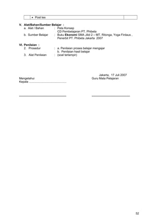 • Post tes
V. Alat/Bahan/Sumber Belajar :
a. Alat / Bahan : Peta Konsep
CD Pembelajaran PT. Phibeta
b. Sumber Belajar : Buku Ekonomi SMA Jilid 2 – MT. Ritonga, Yoga Firdaus ,
Penerbit PT. Phibeta Jakarta 2007
VI. Penilaian :
2. Prosedur : a. Penilaian proses belajar mengajar
b. Penilaian hasil belajar
3. Alat Penilaian : (soal terlampir)
Jakarta, 17 Juli 2007
Mengetahui Guru Mata Pelajaran
Kepala ..............................................
.......................................................... ...............................................
52
 