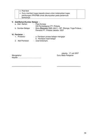 • Post test
• Guru memberi tugas kepada siswa untuk melanjutkan tugas
perhitungan PPh/PBB untuk dikumpulkan pada pertemuan
berikutnya
V. Alat/Bahan/Sumber Belajar :
a. Alat / Bahan : Peta Konsep
CD Pembelajaran PT. Phibeta
b. Sumber Belajar : Buku Ekonomi SMA Jilid 2 – MT. Ritonga, Yoga Firdaus ,
Penerbit PT. Phibeta Jakarta 2007
VI. Penilaian :
1. Prosedur : a. Penilaian proses belajar mengajar
b. Penilaian hasil belajar
2. Alat Penilaian : (soal terlampir)
Jakarta, 17 Juli 2007
Mengetahui Guru Mata Pelajaran
Kepala ..............................................
.......................................................... ...............................................
56
 