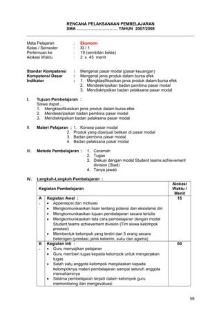 RENCANA PELAKSANAAN PEMBELAJARAN
SMA ………………………… TAHUN 2007/2008
Mata Pelajaran : Ekonomi
Kelas / Semester : XI / 1
Pertemuan ke : 19 (sembilan belas)
Alokasi Waktu : 2 x 45 menit
Standar Kompetensi : Mengenal pasar modal (pasar keuangan)
Kompetensi Dasar : Mengenal jenis produk dalam bursa efek
Indikator : 1. Mengklasifikasikan jenis produk dalam bursa efek
2. Mendeskripsikan badan pembina pasar modal
3. Mendiskripsikan badan pelaksana pasar modal
I. Tujuan Pembelajaran :
Siswa dapat ...
1. Mengklasifikasikan jenis produk dalam bursa efek
2. Mendeskripsikan badan pembina pasar modal
3. Mendiskripsikan badan pelaksana pasar modal
II. Materi Pelajaran : 1. Konsep pasar modal
2. Produk yang diperjual belikan di pasar modal
3. Badan pembina pasar modal
4. Badan pelaksana pasar modal
III. Metode Pembelajaran : 1. Ceramah
2. Tugas
3. Diskusi dengan model Student teams achievement
division (Stad)
4. Tanya jawab
IV. Langkah-Langkah Pembelajaran :
Kegiatan Pembelajaran
Alokasi
Waktu /
Menit
A
.
Kegiatan Awal :
• Appersepsi dan motivasi
• Mengkomunikasikan lisan tentang potensi dan eksistensi diri
• Mengkomunikasikan tujuan pembelajaran secara tertulis
• Mengkomunikasikan tata cara pembelajaran dengan model
Student teams achievement division (Tim siswa kelompok
prestasi)
• Membentuk kelompok yang terdiri dari 5 orang secara
heterogen (prestasi, jenis kelamin, suku dan agama)
15
B
.
Kegiatan Inti :
• Guru menyajikan pelajaran
• Guru memberi tugas kepada kelompok untuk mengerjakan
tugas
• Salah satu anggota kelompok menjelaskan kepada
kelompoknya materi pembelajaran sampai seluruh anggota
memahaminya
• Selama pembelajaran terjadi dalam kelompok guru
memonitoring dan mengevaluasi
60
59
 