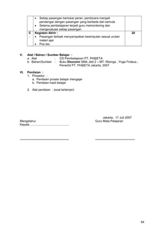 • Setiap pasangan bertukar peran, pembicara menjadi
pendengar dengan pasangan yang berbeda dari semula
• Selama pembelajaran terjadi guru memonitoring dan
mengevaluasi setiap pasangan
C
.
Kegiatan Akhir :
• Pasangan terbaik menyampaikan kesimpulan sesuai urutan
materi ajar
• Pos tes
20
V. Alat / Bahan / Sumber Belajar :
a. Alat : CD Pembelajaran PT. PHIβETA
b. Bahan/Sumber : Buku Ekonomi SMA Jilid 2 – MT. Ritonga , Yoga Firdaus ,
Penerbit PT. PHIβETA Jakarta, 2007
VI. Penilaian :
1. Prosedur :
a. Penilaian proses belajar mengajar
b. Penilaian hasil belajar
2. Alat penilaian : (soal terlampir)
Jakarta, 17 Juli 2007
Mengetahui Guru Mata Pelajaran
Kepala ..............................................
.......................................................... ...............................................
64
 