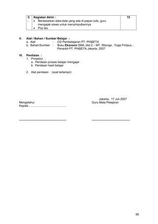 C
.
Kegiatan Akhir :
• Berdasarkan data-data yang ada di papan tulis, guru
mengajak siswa untuk menyimpulkannya
• Pos tes
15
V. Alat / Bahan / Sumber Belajar :
a. Alat : CD Pembelajaran PT. PHIβETA
b. Bahan/Sumber : Buku Ekonomi SMA Jilid 2 – MT. Ritonga , Yoga Firdaus ,
Penerbit PT. PHIβETA Jakarta, 2007
VI. Penilaian :
1. Prosedur :
a. Penilaian proses belajar mengajar
b. Penilaian hasil belajar
2. Alat penilaian : (soal terlampir)
Jakarta, 17 Juli 2007
Mengetahui Guru Mata Pelajaran
Kepala ..............................................
.......................................................... ...............................................
66
 