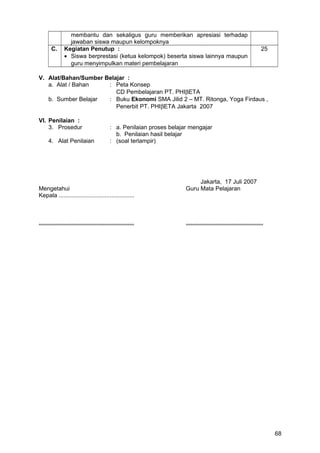 membantu dan sekaligus guru memberikan apresiasi terhadap
jawaban siswa maupun kelompoknya
C. Kegiatan Penutup :
• Siswa berprestasi (ketua kelompok) beserta siswa lainnya maupun
guru menyimpulkan materi pembelajaran
25
V. Alat/Bahan/Sumber Belajar :
a. Alat / Bahan : Peta Konsep
CD Pembelajaran PT. PHIβETA
b. Sumber Belajar : Buku Ekonomi SMA Jilid 2 – MT. Ritonga, Yoga Firdaus ,
Penerbit PT. PHIβETA Jakarta 2007
VI. Penilaian :
3. Prosedur : a. Penilaian proses belajar mengajar
b. Penilaian hasil belajar
4. Alat Penilaian : (soal terlampir)
Jakarta, 17 Juli 2007
Mengetahui Guru Mata Pelajaran
Kepala ..............................................
.......................................................... ...............................................
68
 