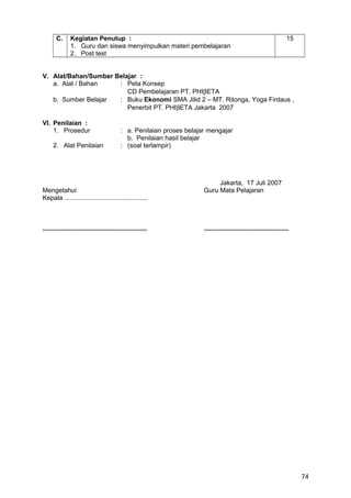 C. Kegiatan Penutup :
1. Guru dan siswa menyimpulkan materi pembelajaran
2. Post test
15
V. Alat/Bahan/Sumber Belajar :
a. Alat / Bahan : Peta Konsep
CD Pembelajaran PT. PHIβETA
b. Sumber Belajar : Buku Ekonomi SMA Jilid 2 – MT. Ritonga, Yoga Firdaus ,
Penerbit PT. PHIβETA Jakarta 2007
VI. Penilaian :
1. Prosedur : a. Penilaian proses belajar mengajar
b. Penilaian hasil belajar
2. Alat Penilaian : (soal terlampir)
Jakarta, 17 Juli 2007
Mengetahui Guru Mata Pelajaran
Kepala ..............................................
.......................................................... ...............................................
74
 