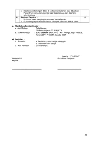 5. Hasil diskusi kelompok ditulis di kertas manila/karton atau dibuatkan
Power Point kemudian ditempel agar dapat dibaca dan dipahami
seluruh siswa
C. Kegiatan Penutup :
1. Guru dan siswa menyimpulkan materi pembelajaran
2. Guru mengumpulkan hasil diskusi kelompok dan hasil diskusi pleno
10
V. Alat/Bahan/Sumber Belajar :
a. Alat / Bahan : Peta Konsep
CD Pembelajaran PT. PHIβETA
b. Sumber Belajar : Buku Ekonomi SMA Jilid 2 – MT. Ritonga, Yoga Firdaus ,
Penerbit PT. PHIβETA Jakarta 2007
VI. Penilaian :
1. Prosedur : a. Penilaian proses belajar mengajar
b. Penilaian hasil belajar
2. Alat Penilaian : (soal terlampir)
Jakarta, 17 Juli 2007
Mengetahui Guru Mata Pelajaran
Kepala ..............................................
.......................................................... ...............................................
76
 