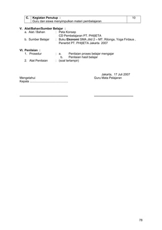 C. Kegiatan Penutup :
Guru dan siswa menyimpulkan materi pembelajaran
10
V. Alat/Bahan/Sumber Belajar :
a. Alat / Bahan : Peta Konsep
CD Pembelajaran PT. PHIβETA
b. Sumber Belajar : Buku Ekonomi SMA Jilid 2 – MT. Ritonga, Yoga Firdaus ,
Penerbit PT. PHIβETA Jakarta 2007
VI. Penilaian :
1. Prosedur : a. Penilaian proses belajar mengajar
b. Penilaian hasil belajar
2. Alat Penilaian : (soal terlampir)
Jakarta, 17 Juli 2007
Mengetahui Guru Mata Pelajaran
Kepala ..............................................
.......................................................... ...............................................
78
 