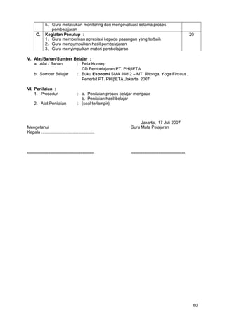 5. Guru melakukan monitoring dan mengevaluasi selama proses
pembelajaran
C. Kegiatan Penutup :
1. Guru memberikan apresiasi kepada pasangan yang terbaik
2. Guru mengumpulkan hasil pembelajaran
3. Guru menyimpulkan materi pembelajaran
20
V. Alat/Bahan/Sumber Belajar :
a. Alat / Bahan : Peta Konsep
CD Pembelajaran PT. PHIβETA
b. Sumber Belajar : Buku Ekonomi SMA Jilid 2 – MT. Ritonga, Yoga Firdaus ,
Penerbit PT. PHIβETA Jakarta 2007
VI. Penilaian :
1. Prosedur : a. Penilaian proses belajar mengajar
b. Penilaian hasil belajar
2. Alat Penilaian : (soal terlampir)
Jakarta, 17 Juli 2007
Mengetahui Guru Mata Pelajaran
Kepala ..............................................
.......................................................... ...............................................
80
 