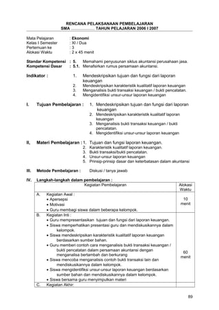 RENCANA PELAKSANAAN PEMBELAJARAN
SMA ..................... TAHUN PELAJARAN 2006 I 2007
Mata Pelajaran : Ekonomi
Kelas I Semester : XI / Dua
Pertemuan ke : 3
Alokasi Waktu : 2 x 45 menit
Standar Kompetensi : 5. Memahami penyusunan siklus akuntansi perusahaan jasa.
Kompetensi Dasar : 5.1. Menafsirkan rumus persamaan akuntansi.
Indikator : 1. Mendeskripsikan tujuan dan fungsi dari laporan
keuangan
2. Mendeskripsikan karakteristik kualitatif laporan keuangan
3. Menganalisis bukti transaksi keuangan / bukti pencatatan.
4. Mengidentifiksi unsur-unsur laporan keuangan
I. Tujuan Pembelajaran : 1. Mendeskripsikan tujuan dan fungsi dari laporan
keuangan
2. Mendeskripsikan karakteristik kualitatif laporan
keuangan
3. Menganalisis bukti transaksi keuangan / bukti
pencatatan.
4. Mengidentifiksi unsur-unsur laporan keuangan
II, Materi Pembelajaran :1. Tujuan dan fungsi laporan keuangan.
2. Karakteristik kualitatif laporan keuangan.
3. Bukti transaksi/bukti pencatatan.
4. Unsur-unsur laporan keuangan
5. Prinsip-prinsip dasar dan keterbatasan dalam akuntansi
III. Metode Pembelajaran : Diskusi / tanya jawab
IV. Langkah-langkah dalam pembelajaran :
Kegiatan Pembelajaran Alokasi
Waktu
A. Kegiatan Awal :
• Apersepsi
• Motivasi
• Guru membagi siswa dalam beberapa kelompok.
10
menit
B. Kegiatan Inti :
• Guru mempresentasikan tujuan dan fungsi dari laporan keuangan.
• Siswa memperhatikan presentasi guru dan mendiskusikannya dalam
kelompok.
• Siswa mendeskripsikan karakteristik kualitatif laporan keuangan
berdasarkan sumber bahan.
• Guru memberi contoh cara menganalisis bukti transaksi keuangan /
bukti pencatatan dalam persamaan akuntansi dengan
menganalisa bertambah dan berkurang
• Siswa mencoba menganalisis contoh bukti transaksi lain dan
mendiskusikannya dalam kelompok.
• Siswa mengidentifiksi unsur-unsur laporan keuangan berdasarkan
sumber bahan dan mendiskusikannya dalam kelompok.
• Siswa bersama guru menyimpulkan materi
60
menit
C. Kegiatan Akhir:
89
 