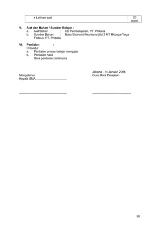 • Latihan soal 20
menit
V. Alat dan Bahan / Sumber Belajar :
a. Alat/Bahan : CD Pembelajaran, PT. Phibeta
b. Sumber Bahan : Buku Ekonomi/Akuntansi jilid 2 MT Ritonga-Yoga
Firdaus, PT. Phibeta
VI. Penilaian :
Prosedur
a. Penilaian proses belajar mengajar
b. Penilaian hasil
Data penilaian (terlampir)
Jakarta , 14 Januari 2008
Mengetahui Guru Mata Pelajaran
Kepala SMA .....................................
.......................................................... ...............................................
90
 