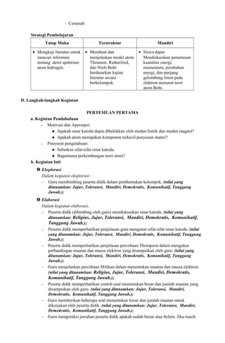 - Ceramah
Strategi Pembelajaran
Tatap Muka Terstruktur Mandiri
• Mengkaji literatur untuk
mencari informasi
tentang deret spektrum
atom hidrogen.
• Membuat dan
menjelaskan model atom
Thomson, Rutherford,
dan Niels Bohr
berdasarkan kajian
literatur secara
berkelompok.
• Siswa dapat
Mendiskusikan perumusan
kuantitas energi,
momentum, perubahan
energi, dan panjang
gelombang foton pada
elektron menurut teori
atom Bohr.
D. Langkah-langkah Kegiatan
PERTEMUAN PERTAMA
a. Kegiatan Pendahuluan
− Motivasi dan Apersepsi:
 Apakah sinar katoda dapat dibelokkan oleh medan listrik dan medan magnet?
 Apakah atom merupakan komponen terkecil penyusun materi?
− Prasyarat pengetahuan:
 Sebutksn sifat-sifat sinar katoda.
 Bagaimana perkembangan teori atom?
b. Kegiatan Inti
 Eksplorasi
Dalam kegiatan eksplorasi :
− Guru membimbing peserta didik dalam pembentukan kelompok. (nilai yang
ditanamkan: Jujur, Toleransi, Mandiri, Demokratis, Komunikatif, Tanggung
Jawab.);
 Elaborasi
Dalam kegiatan elaborasi,
− Peserta didik (dibimbing oleh guru) mendiskusikan sinar katoda. (nilai yang
ditanamkan: Religius, Jujur, Toleransi, Mandiri, Demokratis, Komunikatif,
Tanggung Jawab.);
− Peserta didik memperhatikan penjelasan guru mengenai sifat-sifat sinar katoda. (nilai
yang ditanamkan: Jujur, Toleransi, Mandiri, Demokratis, Komunikatif, Tanggung
Jawab.);
− Peserta didik memperhatikan penjelasan percobaan Thompson dalam mengukur
perbandingan muatan dan massa elektron yang disampaikan oleh guru. (nilai yang
ditanamkan: Jujur, Toleransi, Mandiri, Demokratis, Komunikatif, Tanggung
Jawab.);
− Guru menjelaskan percobaan Milikan dalam menentukan muatan dan massa elektron.
(nilai yang ditanamkan: Religius, Jujur, Toleransi, Mandiri, Demokratis,
Komunikatif, Tanggung Jawab.);
− Peserta didik memperhatikan contoh soal menentukan besar dan jumlah muatan yang
disampaikan oleh guru. (nilai yang ditanamkan: Jujur, Toleransi, Mandiri,
Demokratis, Komunikatif, Tanggung Jawab.);
− Guru memberikan beberapa soal menentukan besar dan jumlah muatan untuk
dikerjakan oleh peserta didik. (nilai yang ditanamkan: Jujur, Toleransi, Mandiri,
Demokratis, Komunikatif, Tanggung Jawab.);
− Guru mengoreksi jawaban peserta didik apakah sudah benar atau belum. Jika masih
 