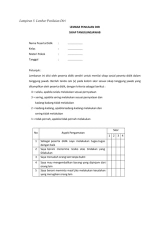 Lampiran 5. Lembar Penilaian Diri
LEMBAR PENILAIAN DIRI
SIKAP TANGGUNGJAWAB
Nama Peserta Didik : ………………….
Kelas : ………………….
Materi Pokok : ………………….
Tanggal : ………………….
Petunjuk :
Lembaran ini diisi oleh peserta didik sendiri untuk menilai sikap sosial peserta didik dalam
tanggung jawab. Berilah tanda cek (v) pada kolom skor sesuai sikap tanggung jawab yang
ditampilkan oleh peserta didik, dengan kriteria sebagai berikut :
4 = selalu, apabila selalu melakukan sesuai pernyataan
3 = sering, apabila sering melakukan sesuai pernyataan dan
kadang-kadang tidak melakukan
2 = kadang-kadang, apabila kadang-kadang melakukan dan
sering tidak melakukan
1 = tidak pernah, apabila tidak pernah melakukan
No Aspek Pengamatan
Skor
1 2 3 4
1 Sebagai peserta didik saya melakukan tugas-tugas
dengan baik
2 Saya berani menerima resiko atas tindakan yang
Dilakukan
3 Saya menuduh orang lain tanpa bukti
4 Saya mau mengembalikan barang yang dipinjam dari
orang lain
5 Saya berani meminta maaf jika melakukan kesalahan
yang merugikan orang lain
 