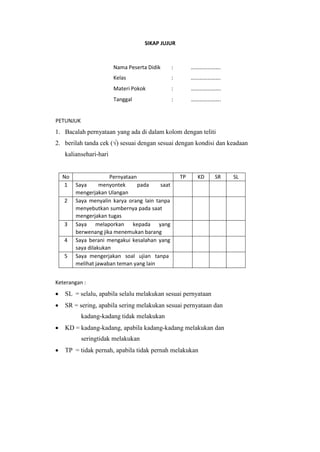 SIKAP JUJUR
Nama Peserta Didik :
Kelas :
………………….
………………….
Materi Pokok : ………………….
PETUNJUK
Tanggal : ………………….
1. Bacalah pernyataan yang ada di dalam kolom dengan teliti
2. berilah tanda cek (√) sesuai dengan sesuai dengan kondisi dan keadaan
kaliansehari-hari
No Pernyataan TP KD SR SL
1 Saya menyontek pada saat
mengerjakan Ulangan
2 Saya menyalin karya orang lain tanpa
menyebutkan sumbernya pada saat
mengerjakan tugas
3 Saya melaporkan kepada yang
berwenang jika menemukan barang
4 Saya berani mengakui kesalahan yang
saya dilakukan
5 Saya mengerjakan soal ujian tanpa
melihat jawaban teman yang lain
Keterangan :
 SL = selalu, apabila selalu melakukan sesuai pernyataan
 SR = sering, apabila sering melakukan sesuai pernyataan dan
kadang-kadang tidak melakukan
 KD = kadang-kadang, apabila kadang-kadang melakukan dan
seringtidak melakukan
 TP = tidak pernah, apabila tidak pernah melakukan
 