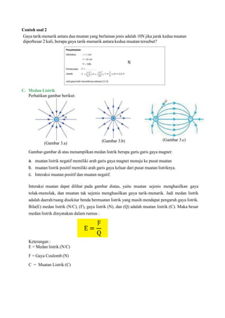 Contoh soal 2
Gaya tarik-menarik antara dua muatan yang berlainan jenis adalah 10N jika jarak kedua muatan
diperbesar 2 kali, berapa gaya tarik-menarik antara kedua muatan tersebut?
C. Medan Listrik
Perhatikan gambar berikut:
(Gambar 3.a) (Gambar 3.b) (Gambar 3.c)
Gambar-gambar di atas menampilkan medan listrik berupa garis garis gaya magnet:
a. muatan listrik negatif memiliki arah garis gaya magnet menuju ke pusat muatan
b. muatan listrik positif memiliki arah garis gaya keluar dari pusat muatan listriknya.
c. Interaksi muatan positif dan muatan negatif.
Interaksi muatan dapat dilihat pada gambar diatas, yaitu muatan sejenis menghasilkan gaya
tolak-menolak, dan muatan tak sejenis menghasilkan gaya tarik-menarik. Jadi medan listrik
adalah daerah/ruang disekitar benda bermuatan listrik yang masih mendapat pengaruh gaya listrik.
Bila(E) medan listrik (N/C), (F), gaya listrik (N), dan (Q) adalah muatan listrik (C). Maka besar
medan listrik dinyatakan dalam rumus :
Keterangan :
E = Medan listrik (N/C)
F = Gaya Coulomb (N)
C = Muatan Listrik (C)
 