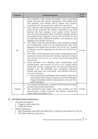 RPP dan Silabus Matematika Peminatan untuk Kelas X SMA/MA 25 
Kegiatan 
Deskripsi Kegiatan 
Alokasi Waktu 
Inti 
Siswa diarahkan untuk membaca/memelajari materi menemukan 1. konsep persamaan dan identitas trigonometri yang terdapat pada buku pegangan siswa halaman 202-235 dengan sikap sungguh- sungguh dan teliti (Mengamati) dan sumber lain yang relevan. 
Siswa didorong untuk mengajukan pertanyaan yang terkait dengan 2. materi konsep persamaan dan identitas trigonometri yang telah dipelajari dari buku pegangan siswa maupun sumber lainnya. Siswa lain diberi kesempatan untuk memberikan tanggapan dengan menunjukkan sikap kesungguhan, rasa ingin tahu, dan sikap toleransi, jika diperlukan guru memberikan konfirmasi atas pertanyaan atau tanggapan siswa tersebut. (Menanya) 
Siswa dalam setiap kelompok diarahkan untuk memahami masalah 3. dan mendiskusikan contoh soal dan penyelesaiannya pada buku pegangan siswa dengan sikap memiliki rasa percaya diri, tangguh menghadapi masalah, tanggungjawab, dan kerjasama (Menalar dan mencoba) 
Siswa dalam setiap kelompok diminta untuk mengemukakan hasil 4. kesimpulan tentang persamaan dan identitas trigonometri dengan sikap memiliki rasa percaya diri, toleransi dan peduli lingkungan (Komunikasi) 
Secara individual, siswa diarahkan untuk menyelesaikan soal/5. masalah dengan sikap memiliki rasa percaya diri, tangguh dalam menghadapi masalah, tanggungjawab, dan kerjasama pada buku pegangan siswa. Jika diperlukan guru memberikan konfirmasi jawaban yang benar dari soal/masalah yang diberikan (Menalar, mencoba, komunikasi) 
Selama pembelajaran berlangsung, guru mengamati sikap siswa  yang meliputi sikap: disiplin, rasa percaya diri, berperilaku jujur, tangguh menghadapi masalah, tanggungjawab, rasa ingin tahu, peduli lingkungan. 
70 menit 
Penutup 
Siswa dengan bimbingan guru, membuat resume/rangkuman tentang 1. persamaan dan identitas trigonometri 
Guru memberikan tugas kepada siswa untuk membuat soal dan 2. penyelesaiannya tentang persamaan dan identitas trigonometri sebagai aspek keterampilan siswa 
10 menit 
H. Alat/Media/Sumber Pembelajaran 
1. Alat/media pembelajaran 
a. Penggaris, spidol, papan tulis 
b. Laptop dan infocus 
2. Sumber pembelajaran 
a. Buku Matematika untuk SMA-MA/SMK Kelas X, Penerbit Yrama Widya Hal. 202-242 
b. Buku Matematika lain yang relevan  