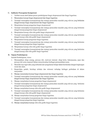 RPP dan Silabus Matematika Peminatan untuk Kelas X SMA/MA 
3 
C. Indikator Pencapaian Kompetensi 
1. Terlibat secara aktif dalam proses pembelajaran fungsi eksponensial dan fungsi logaritma 
2. Menemukan konsep fungsi eksponensial dan fungsi logartima 
3. Terampil menerapkan konsep/prinsip dan strategi pemecahan masalah yang relevan yang berkaitan dengan konsep fungsi eksponensial dan fungsi logaritma 
4. Menjelaskan konsep pengertian fungsi eksponensial 
5. Terampil menerapkan konsep/prinsip dan strategi pemecahan masalah yang relevan yang berkaitan dengan konsep pengertian fungsi eksponensial 
6. Menjelaskan konsep sifat-sifat grafik fungsi eksponensial 
7. Terampil menerapkan konsep/prinsip dan strategi pemecahan masalah yang relevan yang berkaitan dengan konsep sifat-sifat grafik fungsi eksponensial 
8. Menjelaskan konsep pengertian fungsi logaritma 
9. Terampil menerapkan konsep/prinsip dan strategi pemecahan masalah yang relevan yang berkaitan dengan konsep pengertian fungsi logaritma 
10. Menjelaskan konsep sifat-sifat grafik fungsi logaritma 
11. Terampil menerapkan konsep/prinsip dan strategi pemecahan masalah yang relevan yang berkaitan dengan konsep sifat-sifat grafik fungsi logaritma 
D. Tujuan Pembelajaran 
Setelah Pembelajaran, siswa: 
1. Menunjukkan sikap senang, percaya diri, motivasi internal, sikap kritis, bekerjasama, jujur dan percaya diri serta responsif dalam menyelesaikan berbagai permasalahan nyata. 
2. Memiliki rasa ingin tahu yang terbentuk dari pengalaman belajar dalam berinteraksi dengan lingkungan sosial dan alam. 
3. Berperilaku peduli, bersikap terbuka dan toleransi terhadap berbagai perbedaan di dalam masyarakat. 
4. Mampu menemukan konsep fungsi eksponensial dan fungsi logaritma 
5. Terampil menerapkan konsep/prinsip dan strategi pemecahan masalah yang relevan yang berkaitan dengan konsep fungsi eksponensial dan fungsi logaritma 
6. Mampu menjelaskan konsep pengertian fungsi eksponensial 
7. Terampil menerapkan konsep/prinsip dan strategi pemecahan masalah yang relevan yang berkaitan dengan konsep pengertian fungsi eksponensial 
8 Mampu menjelaskan konsep sifat-sifat grafik fungsi eksponensial 
9. Terampil menerapkan konsep/prinsip dan strategi pemecahan masalah yang relevan yang berkaitan dengan konsep sifat-sifat grafik fungsi eksponensial 
10. Mampu menjelaskan konsep pengertian fungsi logaritma 
11. Terampil menerapkan konsep/prinsip dan strategi pemecahan masalah yang relevan yang berkaitan dengan konsep pengertian fungsi logaritma 
12. Mampu menjelaskan konsep sifat-sifat grafik fungsi logaritma  