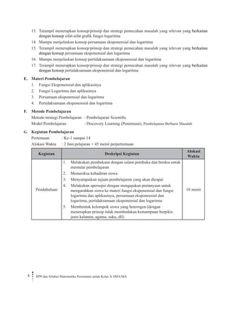 4 RPP dan Silabus Matematika Peminatan untuk Kelas X SMA/MA 
13. Terampil menerapkan konsep/prinsip dan strategi pemecahan masalah yang relevan yang berkaitan dengan konsep sifat-sifat grafik fungsi logaritma 
14. Mampu menjelaskan konsep persamaan eksponensial dan logaritma 
15. Terampil menerapkan konsep/prinsip dan strategi pemecahan masalah yang relevan yang berkaitan dengan konsep persamaan eksponensial dan logaritma 
16. Mampu menjelaskan konsep pertidaksamaan eksponensial dan logaritma 
17. Terampil menerapkan konsep/prinsip dan strategi pemecahan masalah yang relevan yang berkaitan dengan konsep pertidaksamaan eksponensial dan logaritma 
E. Materi Pembelajaran 
1. Fungsi Eksponensial dan aplikasinya 
2. Fungsi Logaritma dan aplikasinya 
3. Persamaan eksponensial dan logaritma 
4. Pertidaksamaan eksponensial dan logaritma 
F. Metode Pembelajaran 
Metode/strategi Pembelajaran : Pembelajaran Scientific 
Model Pembelajaran : Discovery Learning (Penemuan), Pembelajaran Berbasis Masalah 
G. Kegiatan Pembelajaran 
Pertemuan : Ke-1 sampai 14 
Alokasi Waktu : 2 Jam pelajaran × 45 menit perpertemuan 
Kegiatan 
Deskripsi Kegiatan 
Alokasi Waktu 
Pendahuluan 
1. Melakukan pembukaan dengan salam pembuka dan berdoa untuk memulai pembelajaran 
2. Memeriksa kehadiran siswa 
3. Menyampaikan tujuan pembelajaran yang akan dicapai 
4. Melakukan apersepsi dengan mengajukan pertanyaan untuk mengarahkan siswa ke materi fungsi eksponensial dan fungsi logaritma dan aplikasinya, persamaan eksponensial dan logaritma, pertidaksamaan eksponensial dan logaritma 
5. Membentuk kelompok siswa yang heterogen (dengan menerapkan prinsip tidak membedakan kemampuan berpikir, jenis kelamin, agama, suku, dll) 
10 menit  