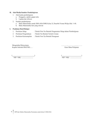 6 RPP dan Silabus Matematika Peminatan untuk Kelas X SMA/MA 
H. Alat/Media/Sumber Pembelajaran 
1. Alat/media pembelajaran 
a. Penggaris, spidol, papan tulis 
b. Laptop dan infocus 
2. Sumber pembelajaran 
a. Buku Matematika untuk SMA-MA/SMK Kelas X, Penerbit Yrama Widya Hal. 1-48. 
b. Buku Matematika lain yang relevan 
I. Penilaian Hasil Belajar 
1. Penilaian Sikap : Teknik Non Tes Bentuk Pengamatan Sikap dalam Pembelajaran 
2. Penilaian Pengetahuan : Teknik Tes Bentuk Tertulis Uraian 
3. Penilaian Keterampilan : Teknik Non Tes Bentuk Penugasan 
Mengetahui/Menyetujui, 
Kepala Sekolah SMA/MA ..... 
(__________________________) 
NIP / NIK : .......................... 
…..……,………….........……. 
Guru Mata Pelajaran 
(_______________________) 
NIP / NIK : ..........................  