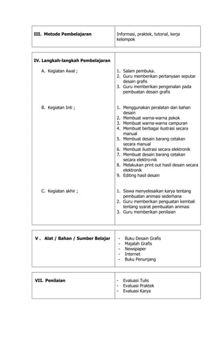 III. Metode Pembelajaran Informasi, praktek, tutorial, kerja
kelompok
IV. Langkah-langkah Pembelajaran
A. Kegiatan Awal ;
B. Kegiatan Inti ;
C. Kegiatan akhir ;
1. Salam pembuka.
2. Guru memberikan pertanyaan seputar
desain grafis
3. Guru memberikan pengenalan pada
pembuatan desain grafis
1. Menggunakan peralatan dan bahan
desain
2. Membuat warna-warna pokok
3. Membuat warna-warna campuran
4. Membuat berbagai ilustrasi secara
manual
5. Membuat desain barang cetakan
secara manual
6. Membuat ilustrasi secara elektronik
7. Membuat desain barang cetakan
secara elektro-nik
8. Melakukan print out hasil desain secara
elektronik
9. Editing hasil desain
1. Siswa menyelesaikan karya tentang
pembuatan animasi sederhana
2. Guru memberikan penguatan kembali
tentang syarat pembuatan animasi
3. Guru memberikan penilaian
V . Alat / Bahan / Sumber Belajar - Buku Desain Grafis
- Majalah Grafis
- Newspaper
- Internet
- Buku Penunjang
VII. Penilaian - Evaluasi Tulis
- Evaluasi Praktek
- Evaluasi Karya
 